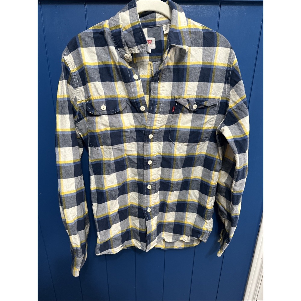 Levi Plaid‎ Men's Sz S  Long Sleeve Button Up Shirt Plaid Yellow, blue And white